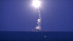 In this photo made from the footage taken from Russian Defense Ministry official web site, Wednesday, Oct. 7, 2015, a Russian navy ship launches a cruise missile in the Caspian Sea. Russia's Defense Minister Sergei Shoigu said four Russian navy ships in the Caspian launched 26 cruise missiles at Islamic State targets in Syria.(Russian Defense Ministry Press Service via AP)