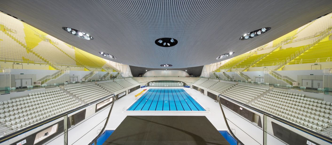 The design incorporates energy efficient elements, such as a cooling system that converts rejected heat into a heating agent for pool water. The structure is built primarily using replacement materials such as recycled concrete. Natural light pours throughout the main pool hall.