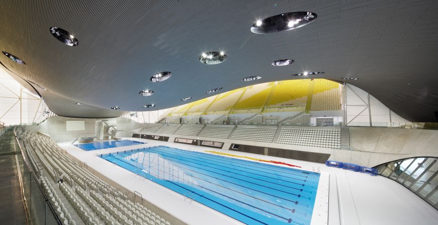 The London Aquatics Centre by the late Zaha Hadid features three different pools. It was created as part of the London Olympics in 2012. 