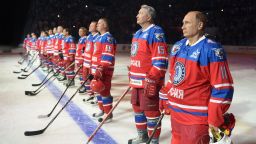 While his nation waded deeper into the Syrian civil war, Russian President Vladimir Putin, right, spent his 63rd birthday on the ice Wednesday, October 7, 2015, playing hockey with NHL stars and various Russian officials and tycoons in Sochi.  For years, Russia's leader has cultivated a populist image in the Russian media.