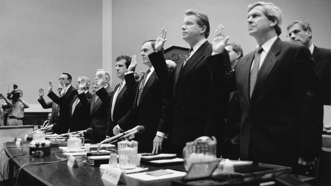Big Tobacco executives testified before Congress in 1994, declaring they did not believe cigarettes were harmful to people's health. Their testimony was derided by much of the American public and became a turning point in the battle against the lobbying power of the cigarette industry.