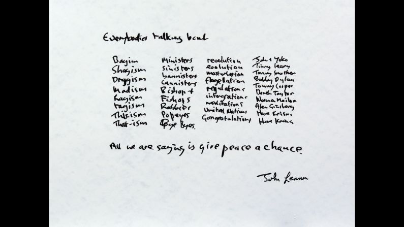 John and Yoko got married on March 20, 1969. Two months later, they spent a honeymoon week in Montreal doing a "bed-in" for peace. While receiving visitors at the hotel, Lennon started putting his feelings into words. The lyrics, listed above, became "Give Peace a Chance." The song was recorded live in the Montreal hotel room on June 1, 1969.