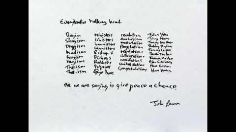 John and Yoko got married on March 20, 1969. Two months later, they spent a honeymoon week in Montreal doing a "bed-in" for peace. While receiving visitors at the hotel, Lennon started putting his feelings into words. The lyrics, listed above, became "Give Peace a Chance." The song was recorded live in the Montreal hotel room on June 1, 1969.