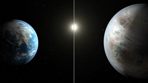 A side-by-side comparison of Kepler 452-b and Earth (artist's conception).
