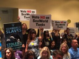 Opponents carried signs urging the commission to vote no.