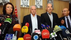 Tunisian mediators arrive to give a press conference to announce the result of its latest bid to mediate an end to the crisis on September 21, 2013 in Tunis. (LtoR) The President of the Tunisian employers union (UTICA), Wided Bouchamaoui, Secretary General of the Tunisian General Labour Union (UGTT) Houcine Abbassi (L) , President of the Tunisian Human Rights League (LTDH), Abdessattar ben Moussa and the president of the National Bar Association, Mohamed Fadhel Mahfoudh. Tunisia's ruling Islamist party, Ennahda announced on September 20, 2013 that it has accepted an ambitious roadmap proposed by the mediators to form a government of technocrats and resolve the country's two-month-old political crisis.