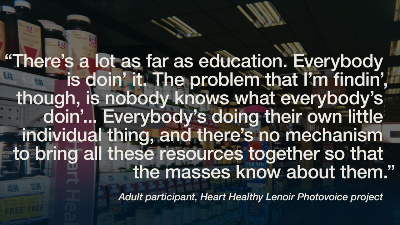 Researchers assigned 15 participants from the rural, low-income community of Lenoir County, North Carolina, to take pictures of what "cardiovascular health" means to them and their community. These are their images and words.