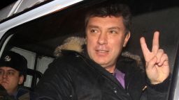 Former deputy prime minister turned opposition leader Boris Nemtsov sits in a police vehicle as he unexpectedly leaves a jail in Moscow, on January 15, 2011, shortly before the time of Nemtsovs official release from detention. Nemtsov was arrested after an anti-Kremlin rally on Moscow's Triumfalnaya Square on New Year's Eve and sentenced to 15 days in jail for "disobeying police instructions."  AFP PHOTO (Photo credit should read STR/AFP/Getty Images)