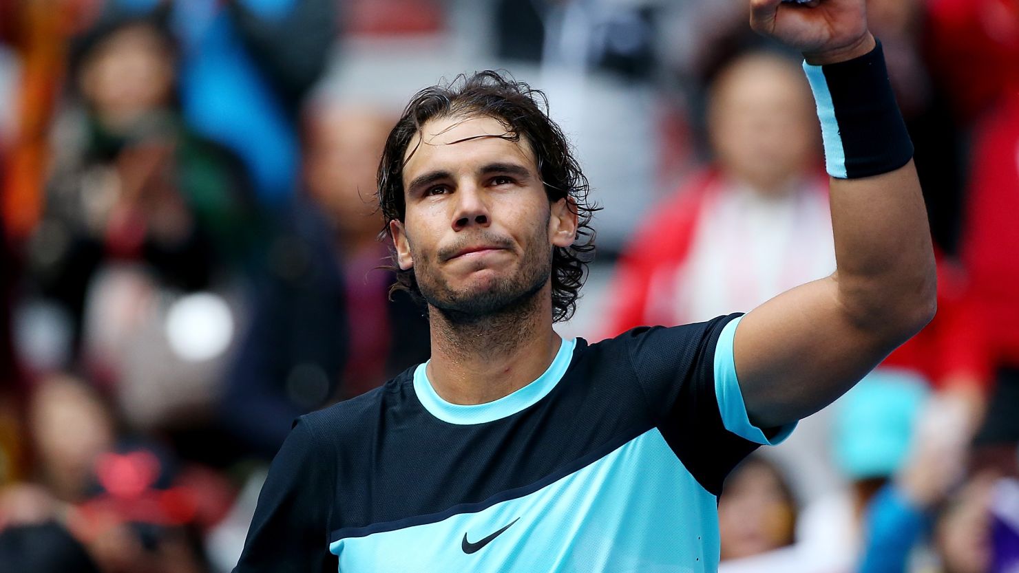 A delighted Rafael Nadal celebrates his victory over Fabio Fognini in the semifinals of the China Open in Beijing.