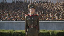 A soldier stands at attention in Pyongyang, North Korea, Saturday, October 10, during a military parade marking the 70th anniversary of the North's ruling party and Kim Jong Un's third generation leadership.