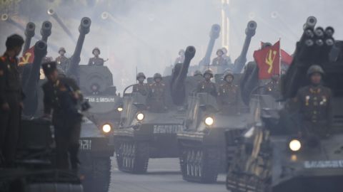 North Korean tanks roll down the streets of Pyongyang.