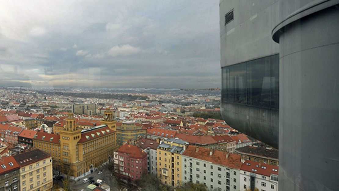 View of Prague from the former Žižkov Television Tower's One Room Hotel.