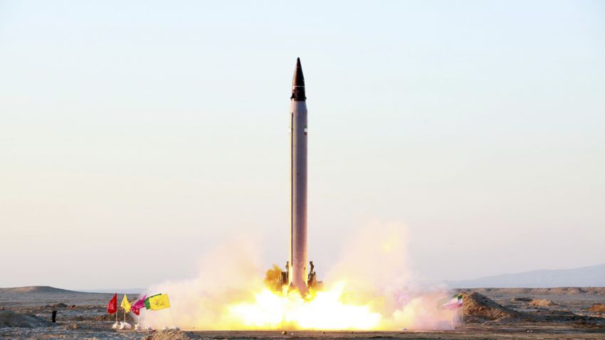 The launch of the Emad missile is shown in an image released by the Iranian Defense Ministry.