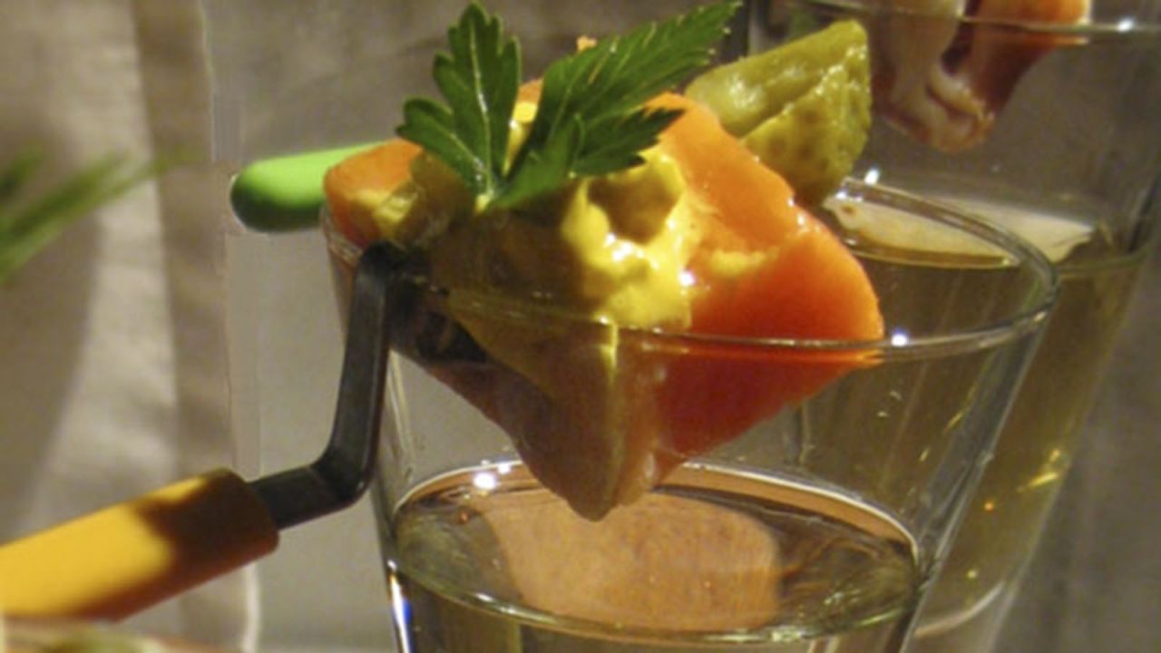 Swedish tapas, or snapas: skewers over wine or schnapps.