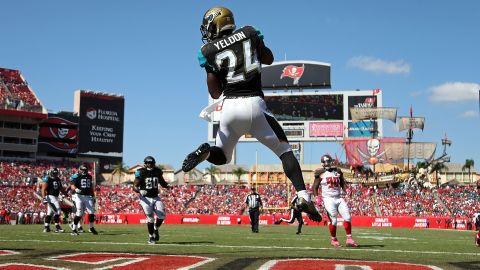 Jacksonville running back T.J. Yeldon catches a touchdown pass during an NFL game in Tampa, Florida, on Sunday, October 11. It was the rookie's first career touchdown.