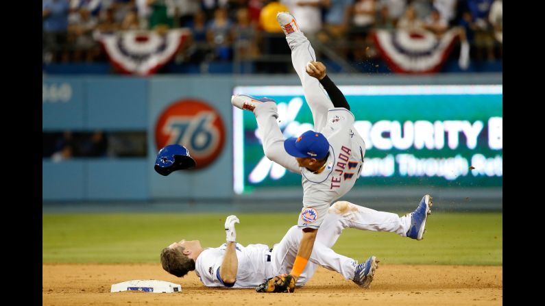A slide by Los Angeles' Chase Utley takes out New York Mets shortstop Ruben Tejada during Game 2 of the National League Division Series on Saturday, October 10. Tejada's leg was broken on the slide. Major League Baseball deemed it illegal and suspended Utley for two games. Utley appealed the suspension, and a <a href="index.php?page=&url=http%3A%2F%2Fwww.latimes.com%2Fsports%2Fdodgers%2Fdodgersnow%2Fla-sp-dn-agent-suspension-outrageous-20151011-story.html" target="_blank" target="_blank">statement from his agent</a> said "Chase did what all players are taught to do in this situation -- break up the double play. We routinely see plays at second base similar to this one that have not resulted in suspensions."
