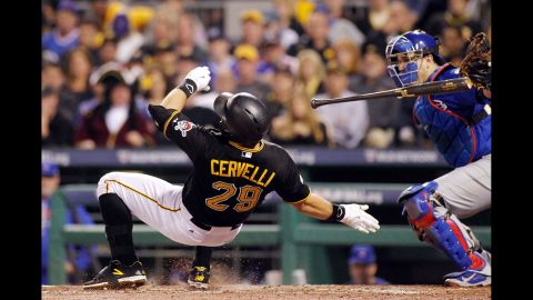Pittsburgh's Francisco Cervelli is hit by a pitch during the National League wild card game on Wednesday, October 7. The Pirates were shut out 4-0 by the Chicago Cubs.