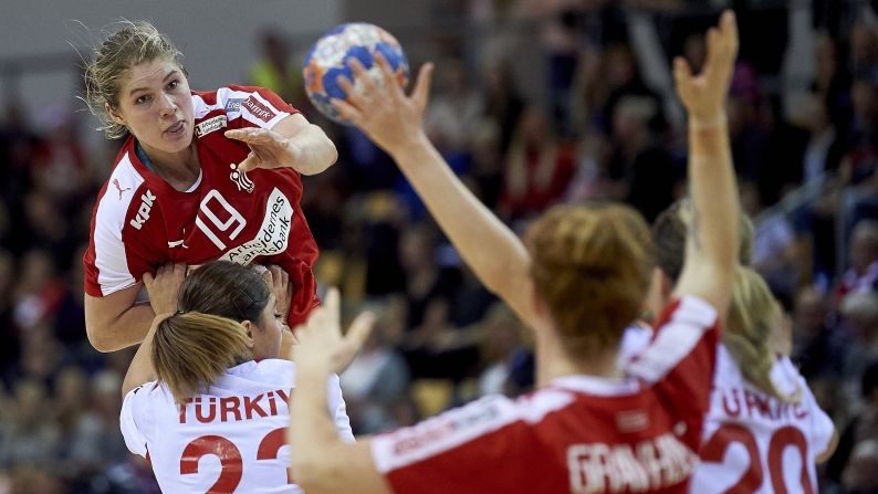 Danish handball player Line Jorgensen leaps in the air during a Euro 2016 qualifying match against Turkey on Thursday, October 8.
