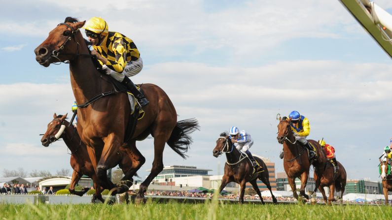 Dwayne Dunn rides Stay With Me to win a race at Melbourne's Caulfield Racecourse on Saturday, October 10.