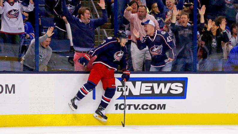 Columbus' Cam Atkinson celebrates a goal during an NHL game in Columbus, Ohio, on Friday, October 9.