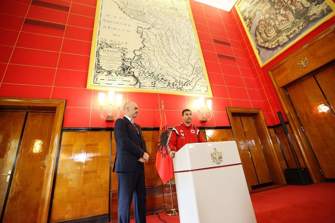 Lorik Cana, the team captain, gives a speech to celebrate qualification. He told CNN that he never thought the day would come.