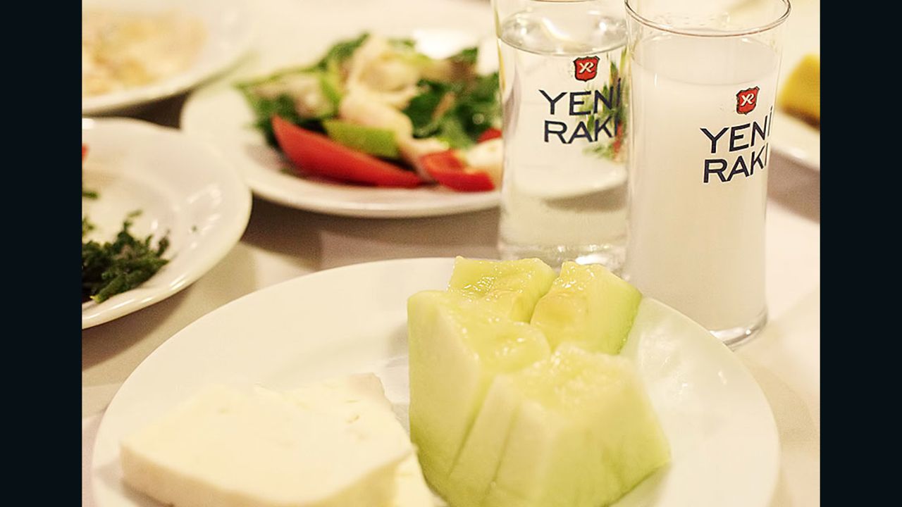 Feta and melons are the first meze to appear at a raki gathering.