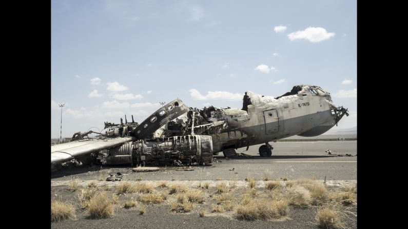 This military transport aircraft was destroyed by an airstrike.