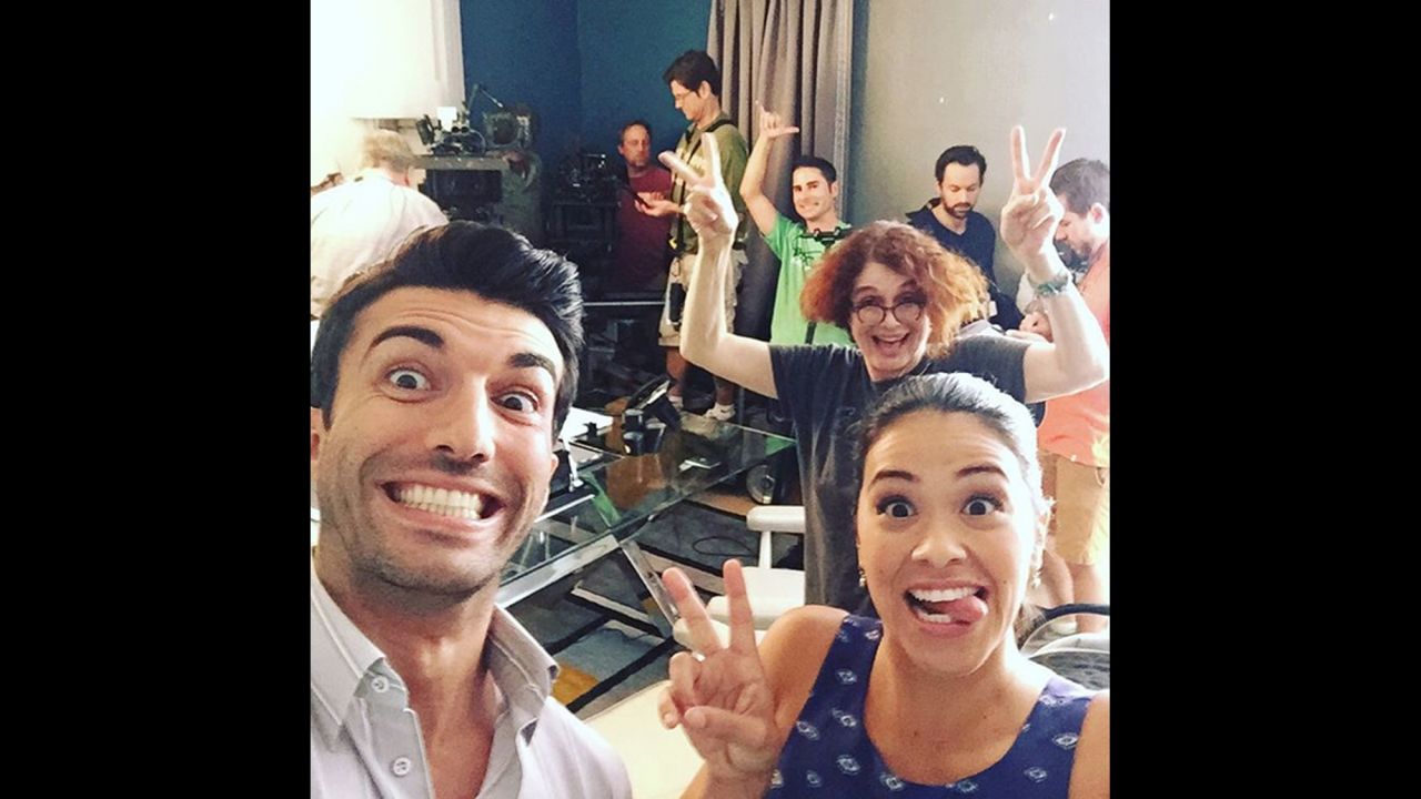Actor Justin Baldoni takes an on-set selfie with his "Jane the Virgin" co-stars on Monday, October 12. <a href="https://instagram.com/p/8wn_eBkJWh/" target="_blank" target="_blank">He wrote on Instagram</a> that they were getting ready to watch the show's Season 2 premiere.