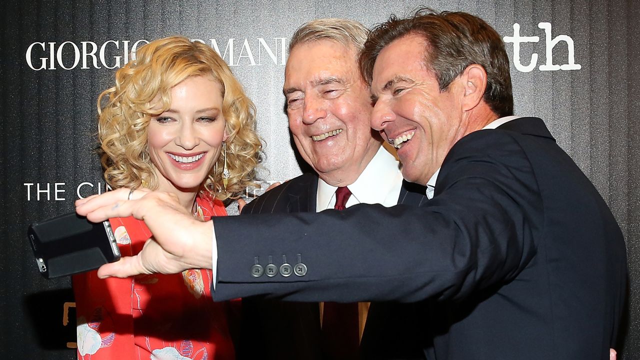 From left, actress Cate Blanchett, journalist Dan Rather and actor Dennis Quaid attend a screening of the movie "Truth" on Wednesday, October 7. Blanchett and Quaid star in the movie. Rather is played by actor Robert Redford.