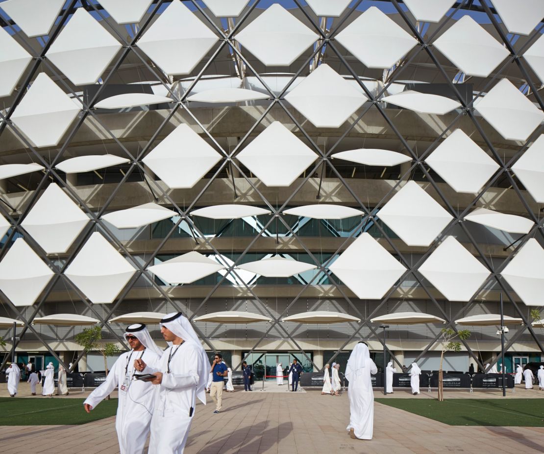 The geometric shapes on the facade of Hazza Bin Zayed Stadium act as a passive cooling system, rotating to allow fresh air to flow to the pitch.