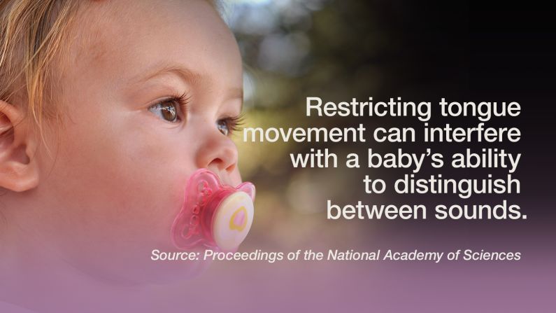 Commonly used teething toys restrict tongue movement and can interfere with a baby's ability to distinguish between two different sounds, <a href="http://www.pnas.org/content/early/2015/10/06/1508631112.abstract" target="_blank" target="_blank">according to a study</a> published by the Proceeding of the National Academy of Sciences. Listening to sounds is not the only driving factor of speech perception and language acquisition for infants, the research showed. Six-month-old infants who had free tongue movement, as opposed to infants who were given teethers that restricted the movement, were able to make better distinctions of speech sounds. It seems that baby talk is beneficial for infants beyond the joy of babbling.  -- Viola Lanier 