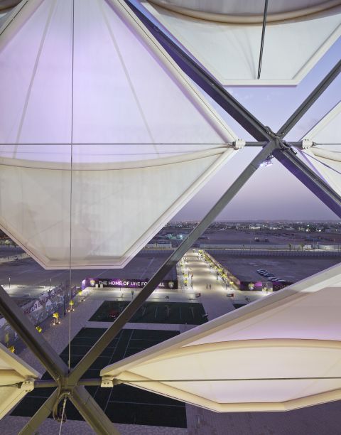 The parametric design, which rotates, allows fresh air to flow throughout the stadium. The stadium is the home of Al Ain Football Club, one of the leading clubs in the United Arab Emirates Pro League. 