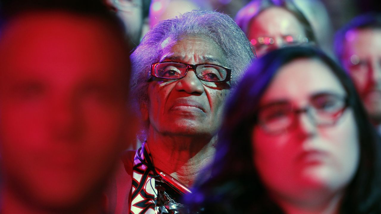 An audience member watches the debate, which was the first Democratic debate of this election cycle.