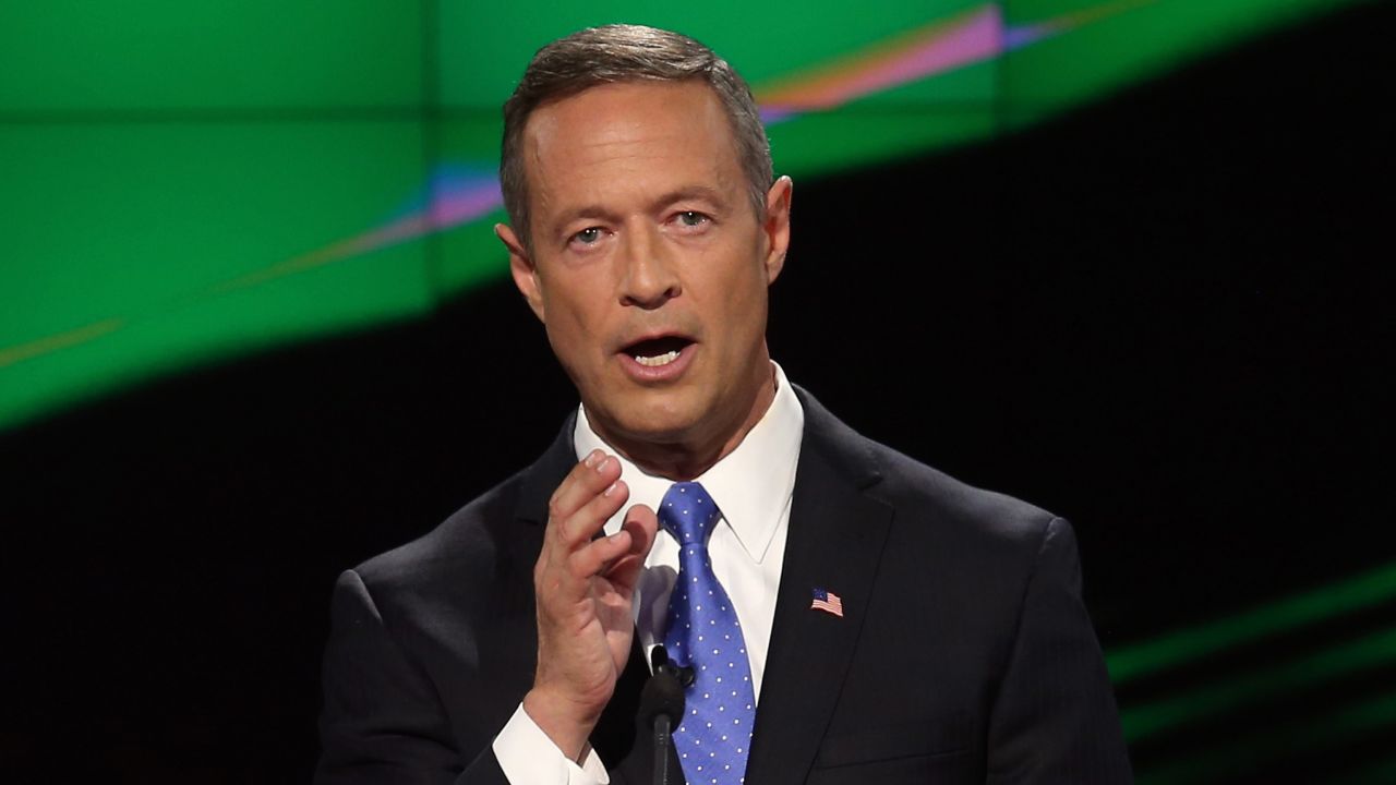 O'Malley faces the camera while delivering remarks. He went after Sanders on gun control early in the debate, and -- in what could be interpreted as a veiled swipe at Clinton -- he said, "I am very clear about my principles."