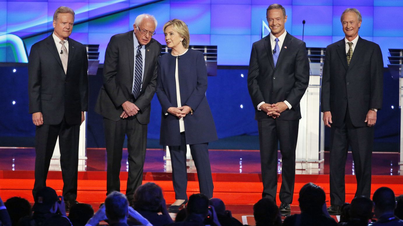 Democratic presidential candidates take the stage before debating in Las Vegas on Tuesday, October 13. From left are former U.S. Sen. Jim Webb, U.S. Sen. Bernie Sanders, former Secretary of State Hillary Clinton, former Maryland Gov. Martin O'Malley and former Rhode Island Gov. Lincoln Chafee.