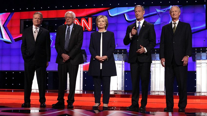 LAS VEGAS, NV - OCTOBER 13:  (L-R) Democratic presidential candidates Jim Webb, Sen. Bernie Sanders (I-VT), Hillary Clinton, Martin O'Malley and Lincoln Chafee take the stage for a Democratic presidential debate sponsored by CNN and Facebook at Wynn Las Vegas on October 13, 2015 in Las Vegas, Nevada. The five candidates are participating in the party's first presidential debate.  (Photo by Alex Wong/Getty Images)