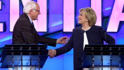 LAS VEGAS, NV - OCTOBER 13:  Democratic presidential candidates U.S. Sen. Bernie Sanders (I-VT) (L) and Hillary Clinton shake hands at the end of a presidential debate sponsored by CNN and Facebook at Wynn Las Vegas on October 13, 2015 in Las Vegas, Nevada. Five Democratic presidential candidates are participating in the party's first presidential debate.  (Photo by Joe Raedle/Getty Images)