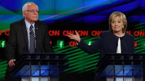 LAS VEGAS, NV - OCTOBER 13: Democratic presidential candidates U.S. Sen. Bernie Sanders (I-VT) (L) and Hillary Clinton take part in a presidential debate sponsored by CNN and Facebook at Wynn Las Vegas on October 13, 2015 in Las Vegas, Nevada. Five Democratic presidential candidates are participating in the party's first presidential debate. (Photo by Joe Raedle/Getty Images)