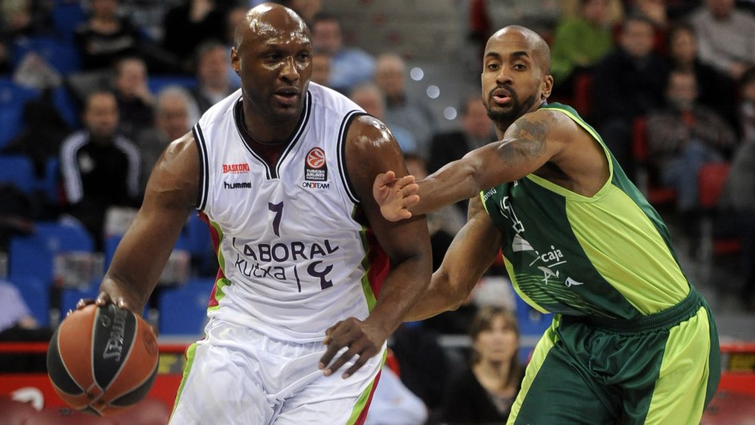 Odom plays for Spanish basketball club Laboral Kutxa during a Euroleague game in Vitoria, Spain, in February 2014.