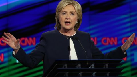 LAS VEGAS, NV - OCTOBER 13: Democratic presidential candidate Hillary Clinton takes part in a presidential debate sponsored by CNN and Facebook at Wynn Las Vegas on October 13, 2015 in Las Vegas, Nevada. Five Democratic presidential candidates are participating in the party's first presidential debate. (Photo by Joe Raedle/Getty Images)