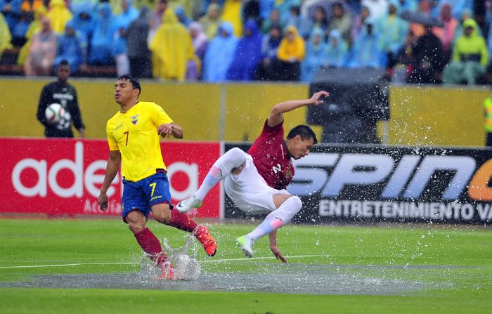 ... but Zampiery ends up taking a dip in one of the pitch's many mini-swimming pools.