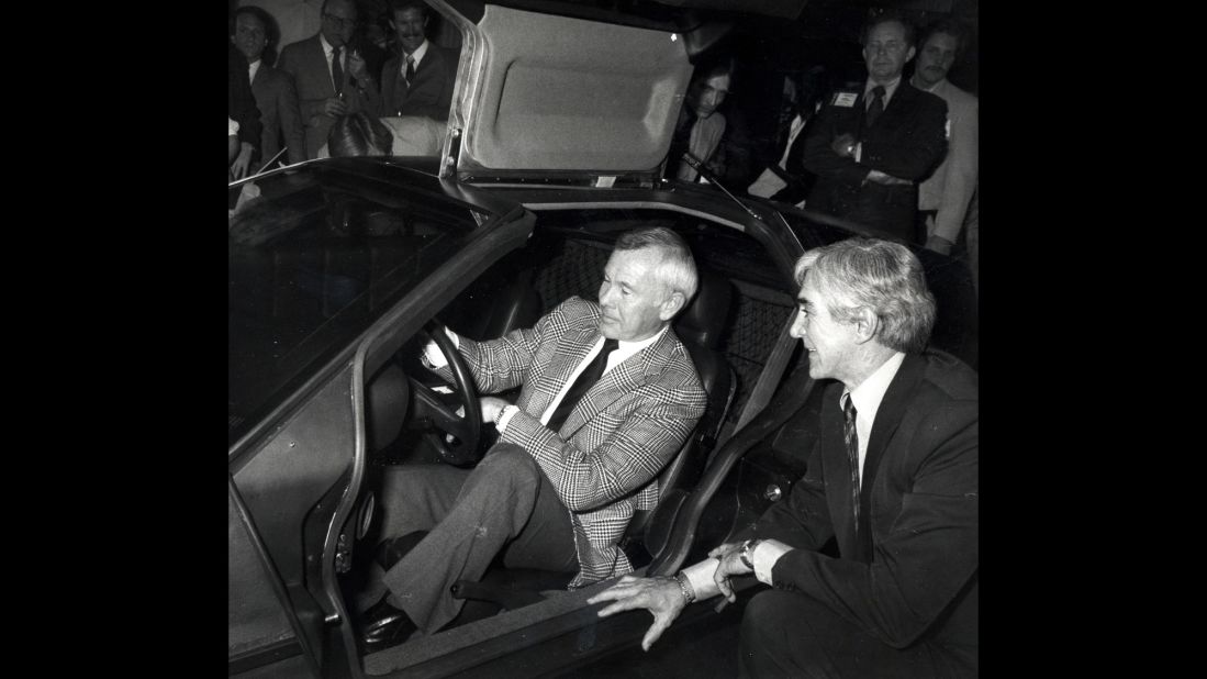 This photo shows American talk show host Johnny Carson and John DeLorean during the public unveiling of the DeLorean Motor Car on February 8, 1981 in Los Angeles. Carson invested $500,000 DeLorean Motor Company -- which he later called, an "ill-fated investment." 