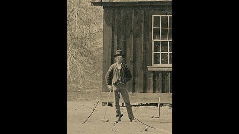 A closeup from what experts say is a tintype photograph of Billy the Kid and members of his gang, The Regulators, playing croquet in Lincoln County, New Mexico, in 1878.