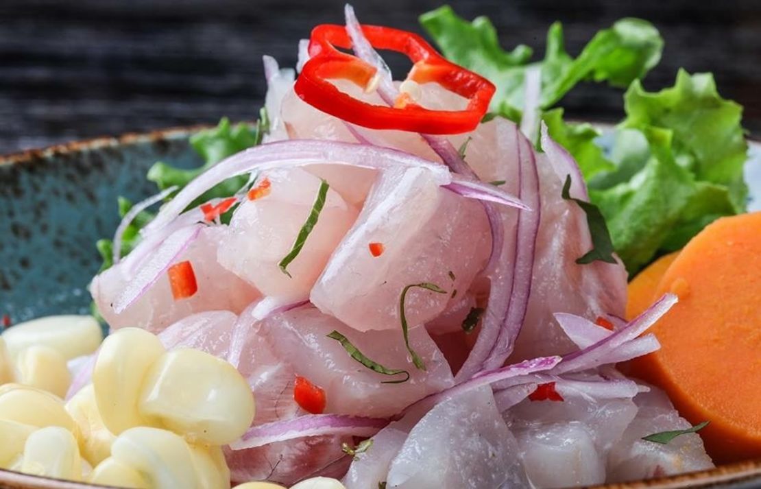 Considered Peru's national dish by many, ceviche -- spelled cebiche in Peru -- is made up of marinaded fresh seafood, lime juice, chilies, red onion, sweet potato, cancha crunchy corn and cilantro. 