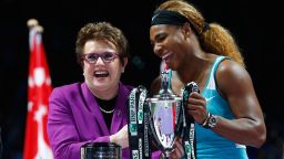 SINGAPORE - OCTOBER 26:  Serena Williams of USA shares a joke with Billie Jean King after her win over Simona Halep of Romania in the final during day seven of the BNP Paribas WTA Finals tennis at the Singapore Sports Hub on October 26, 2014 in Singapore.  (Photo by Julian Finney/Getty Images)