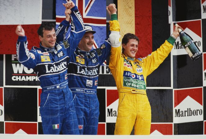 Nigel Mansell (center) won the 1992 Mexican Grand Prix (the last before it returned in 2015) ahead of Riccardo Patrese (left) and Michael Schumacher. Turn 17 has been renamed in Mansell's honor. "It's a stunning place," Mansell, the British 1992 world champion, told CNN.