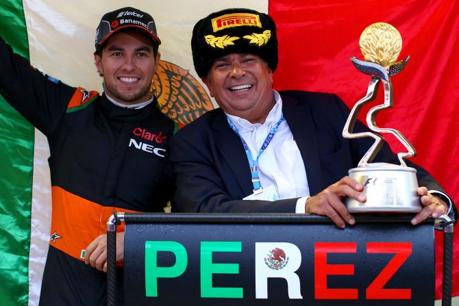All eyes will be on Sergio Perez, seen here celebrating with his Dad Antonio, as he gears up for his first home race in Mexico. Perez sent home hopes rocketing after finishing third for Force India at the 2015 Russian Grand Prix.
