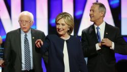 LAS VEGAS, NV - OCTOBER 13:  (L-R) Democratic presidential candidates Sen. Bernie Sanders (I-VT) Hillary Clinton and Martin O'Malley walk on the stage at the end of a presidential debate sponsored by CNN and Facebook at Wynn Las Vegas on October 13, 2015 in Las Vegas, Nevada. Five Democratic presidential candidates are participating in the party's first presidential debate.  (Photo by Joe Raedle/Getty Images)
