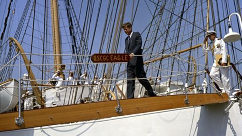 Kennedy inspects the Coast Guard barque Eagle.