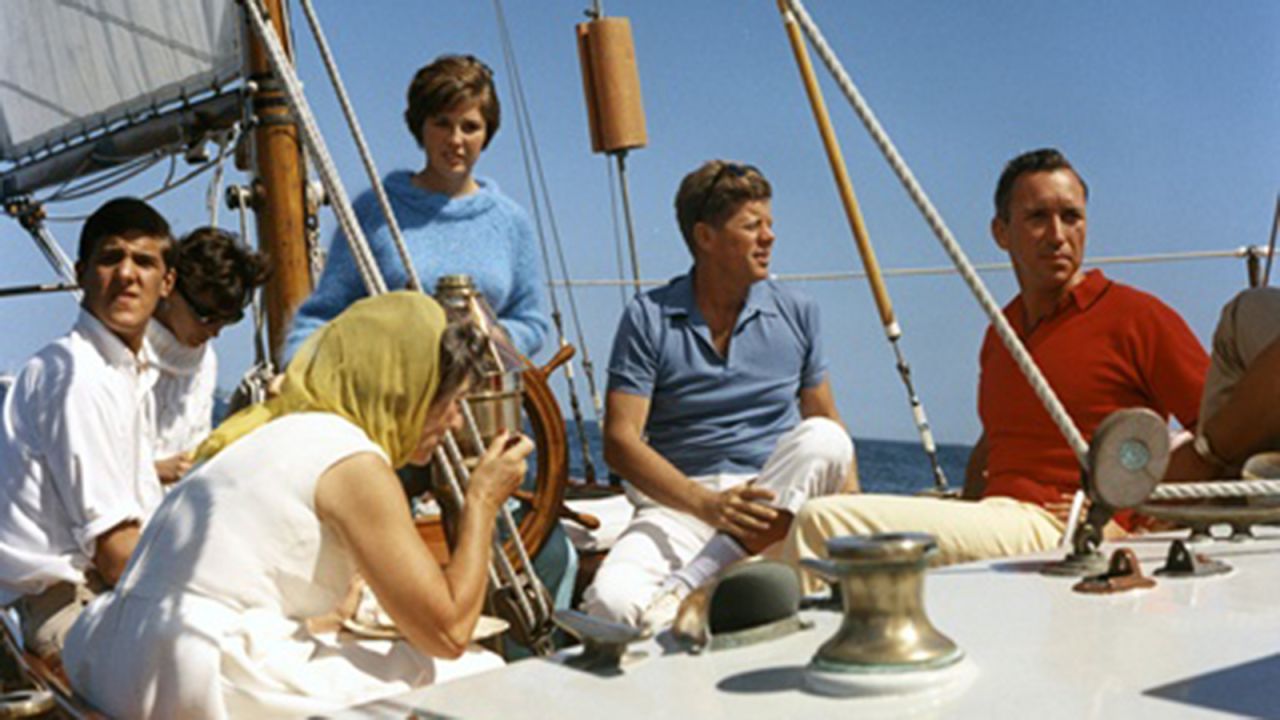 Kennedy with Mrs. Hugh D. Auchincloss, John Kerry (far left), Janet Auchincloss in Narragansett Bay, Rhode Island.